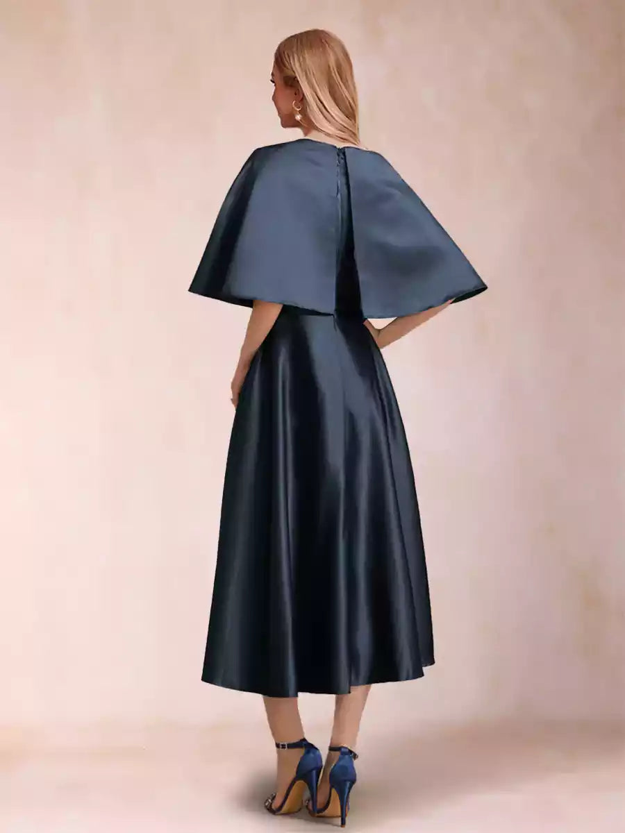 A charming A-line/princess style round neck half sleeved pleated Mother of the Bride Dresses