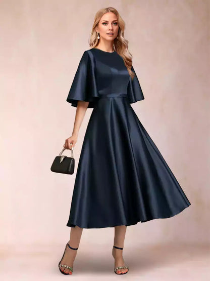 A charming A-line/princess style round neck half sleeved pleated Mother of the Bride Dresses