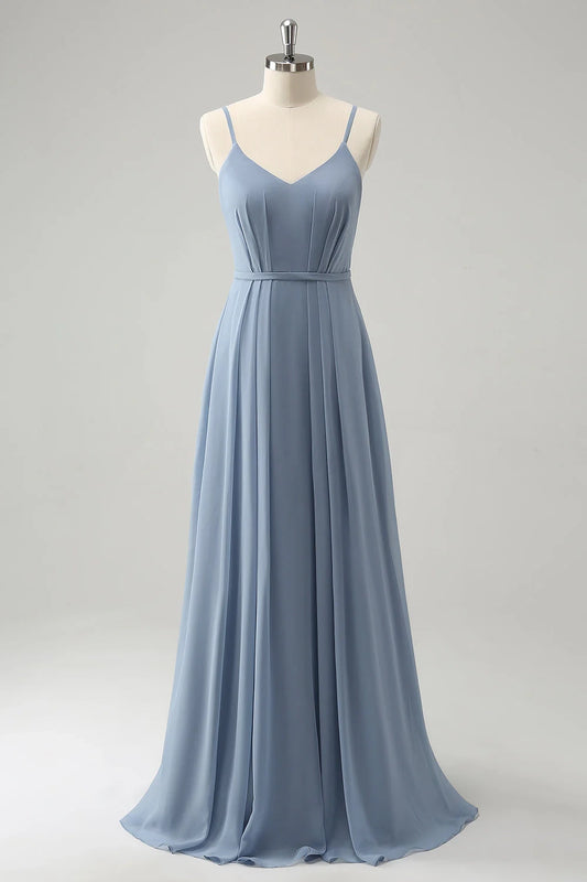 A charming A-line slim shoulder strap pleated long slit bridesmaid dress
