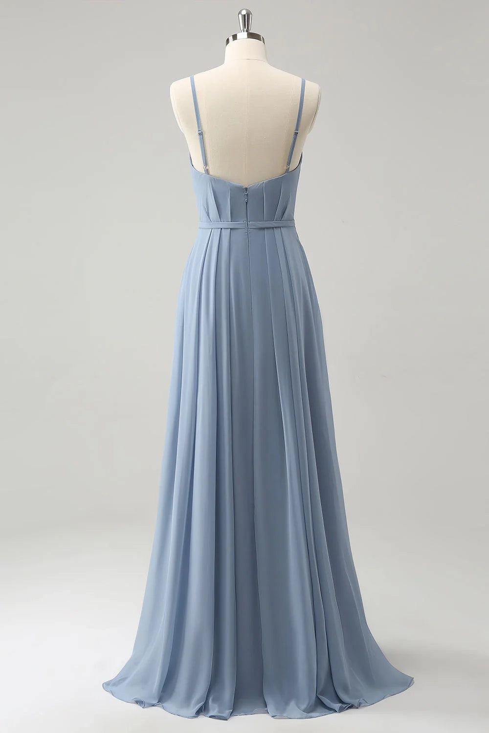 A charming A-line slim shoulder strap pleated long slit bridesmaid dress