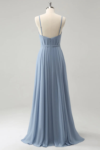 A charming A-line slim shoulder strap pleated long slit bridesmaid dress