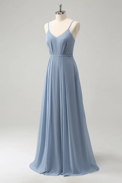 A charming A-line slim shoulder strap pleated long slit bridesmaid dress