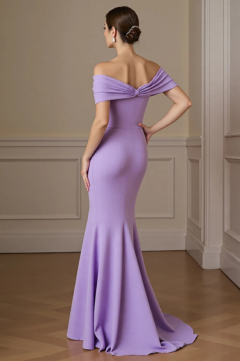 A charming mermaid off shoulder long, slim fit strapless bridal mother dress