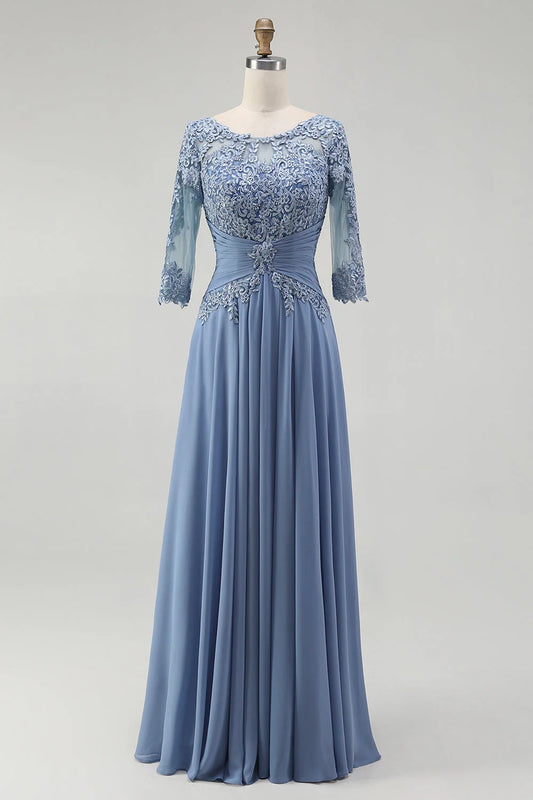 A chic and elegant A-line chiffon half sleeved slim fit applique bridal mother dress