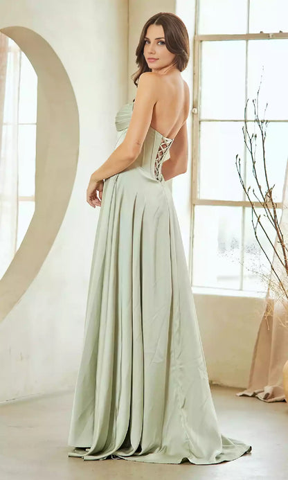 A classic long A-line corset with slim fit and beautiful design, imitating a wrapped body with side slits and A-line skirt, Prom Dresses