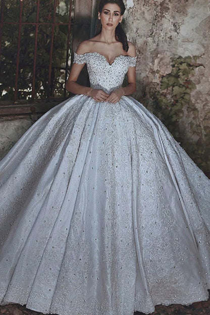 Stunning and elegant long off shoulder lace beaded wedding dress