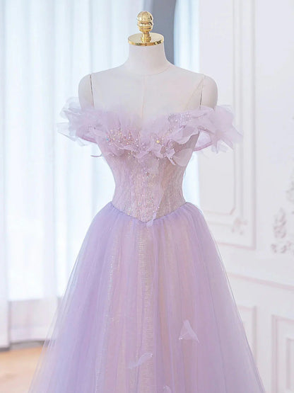 A-Line Purple Off Shoulder Long Prom Dress Purple Formal Prom Dresses