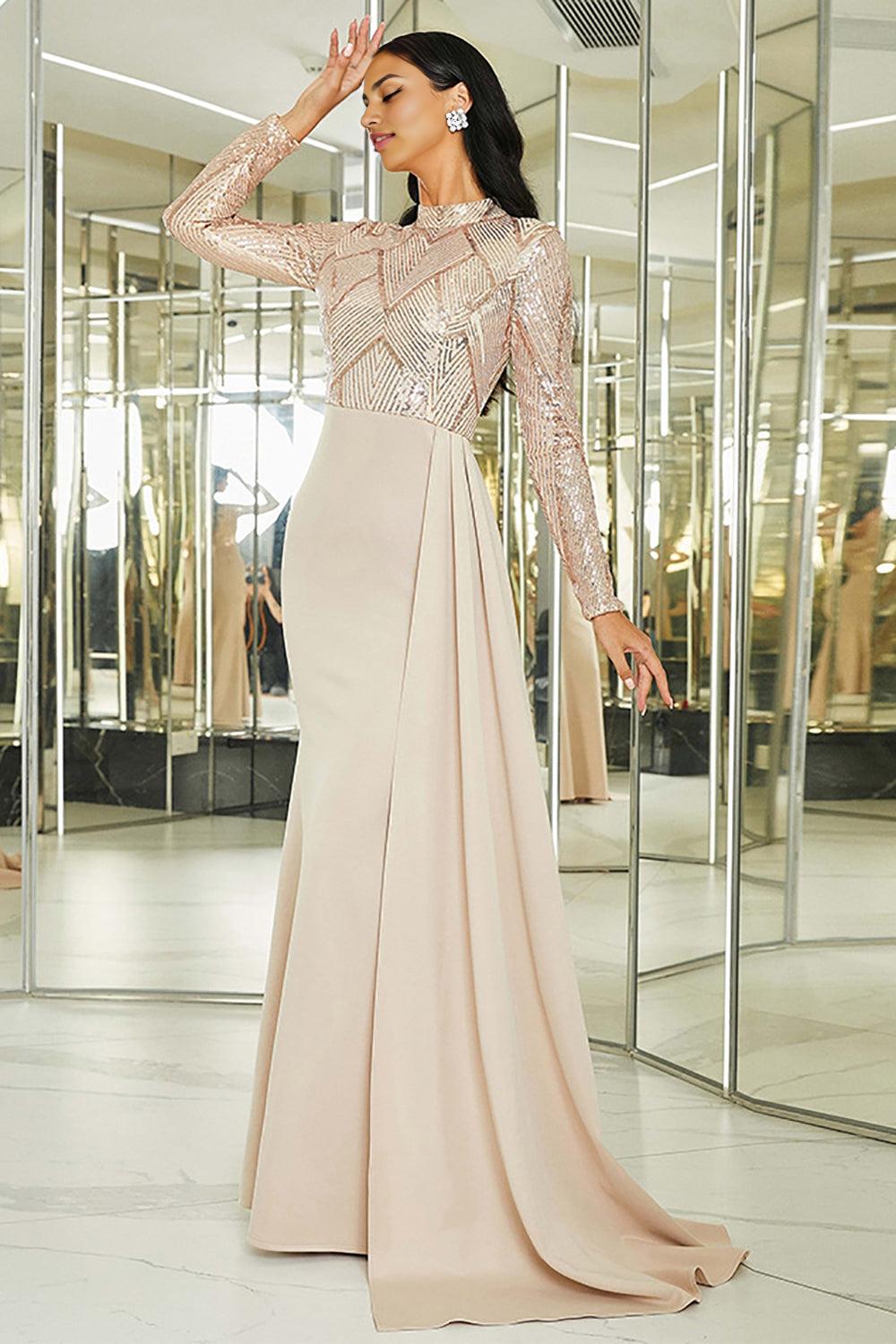 Apricot Mermaid Pleated Mother of the Bride Dress with Long Sleeves