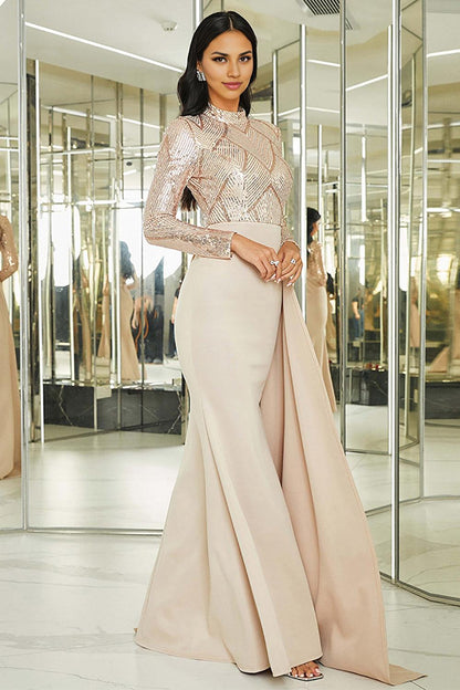 Apricot Mermaid Pleated Mother of the Bride Dress with Long Sleeves