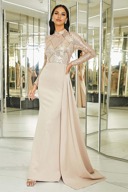 Apricot Mermaid Pleated Mother of the Bride Dress with Long Sleeves