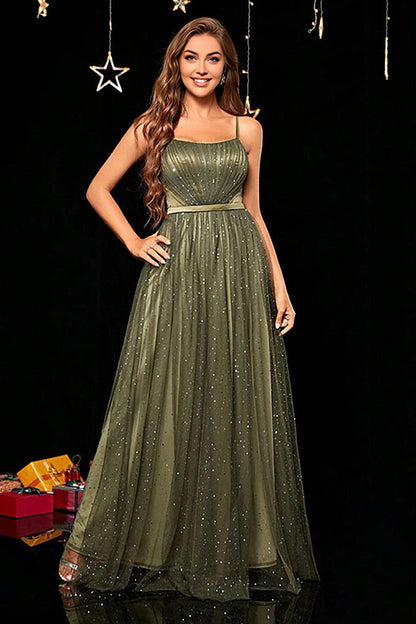 Army Green A-Line Spaghetti Straps Mother of the Bride Dress With Pleated