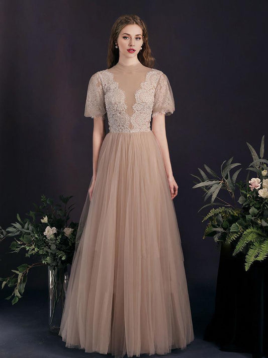 A-Line Tulle Lace Champagne Long Prom Dress Tulle Lace Long Prom Dress