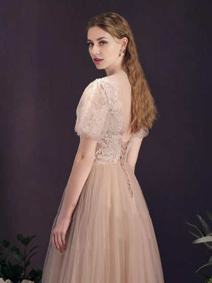 A-Line Tulle Lace Champagne Long Prom Dress Tulle Lace Long Prom Dress