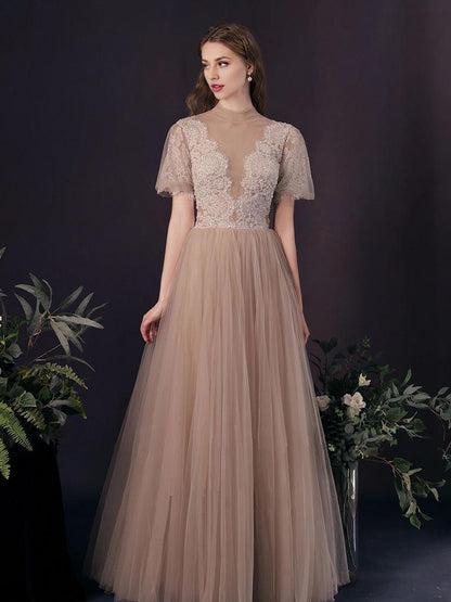 A-Line Tulle Lace Champagne Long Prom Dress Tulle Lace Long Prom Dress