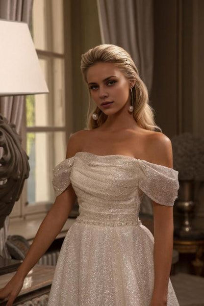 Long A-line off shoulder sparkling sleeveless bridal gown