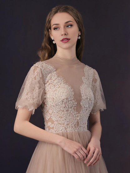 A-Line Tulle Lace Champagne Long Prom Dress Tulle Lace Long Prom Dress