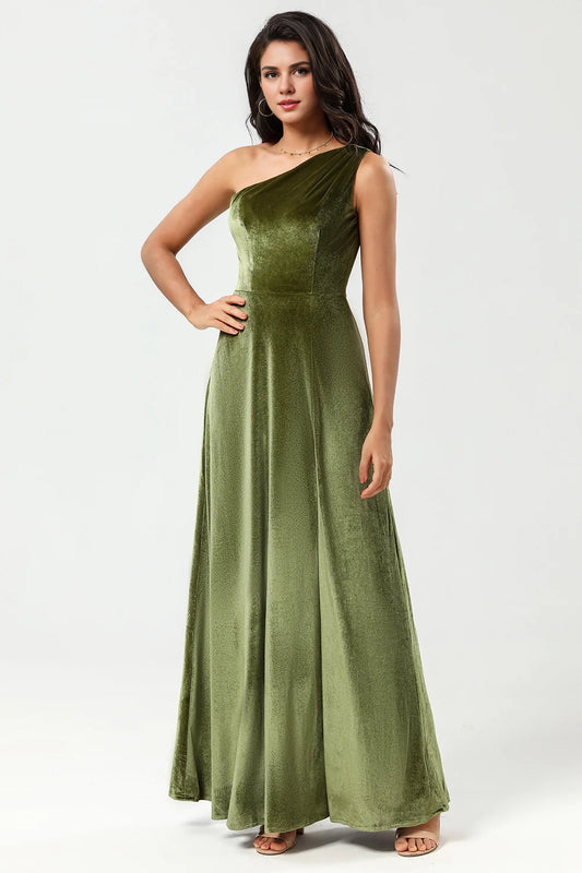A striking A-line single shoulder and floor velvet slit bridesmaid dress
