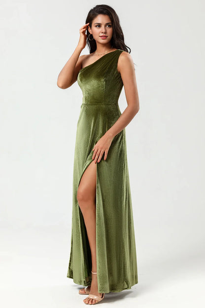 A striking A-line single shoulder and floor velvet slit bridesmaid dress