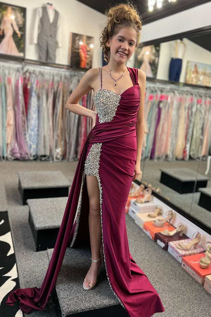 Asymmetric magenta beaded ball party long dress