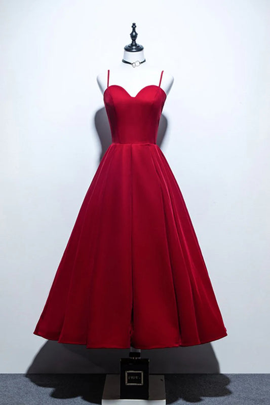 Noble and elegant asymmetrical ball dress with satin sweet red tea long style