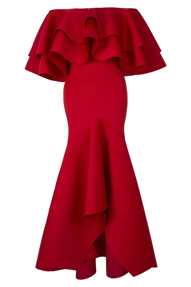 Elegant Asymmetric Red Boat Neck Fishtail Polyester Ball Party Dress