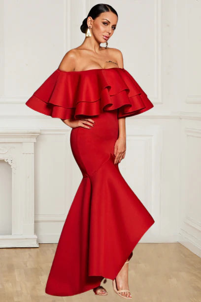 Elegant Asymmetric Red Boat Neck Fishtail Polyester Ball Party Dress