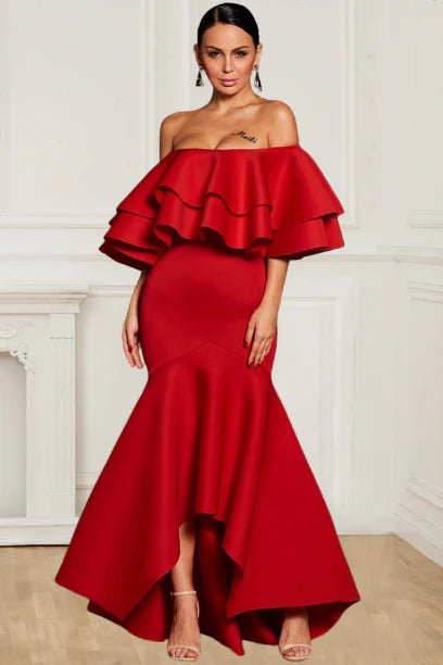 Elegant Asymmetric Red Boat Neck Fishtail Polyester Ball Party Dress