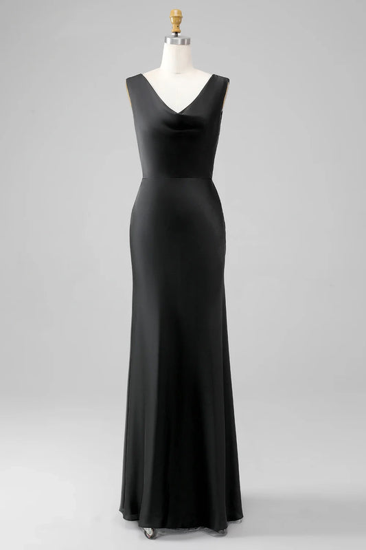 A tight fitting V-neck sleeveless and satin bridesmaid dress with full charm