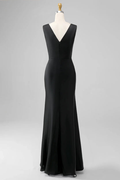 A tight fitting V-neck sleeveless and satin bridesmaid dress with full charm