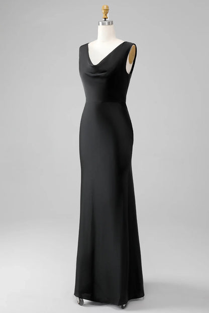 A tight fitting V-neck sleeveless and satin bridesmaid dress with full charm
