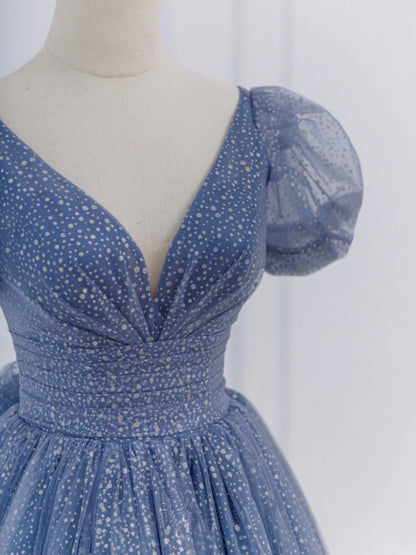 Gray Blue A-Line Tulle Long Evening Dresses Blue Tulle Formal Dresses