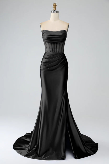 Powder blusher Pink Mermaid Sexy Strapless Pleated Corset Slim Long Prom Dress