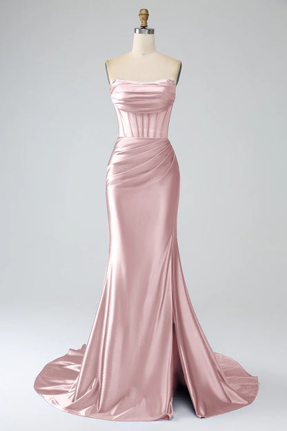 Powder blusher Pink Mermaid Sexy Strapless Pleated Corset Slim Long Prom Dress