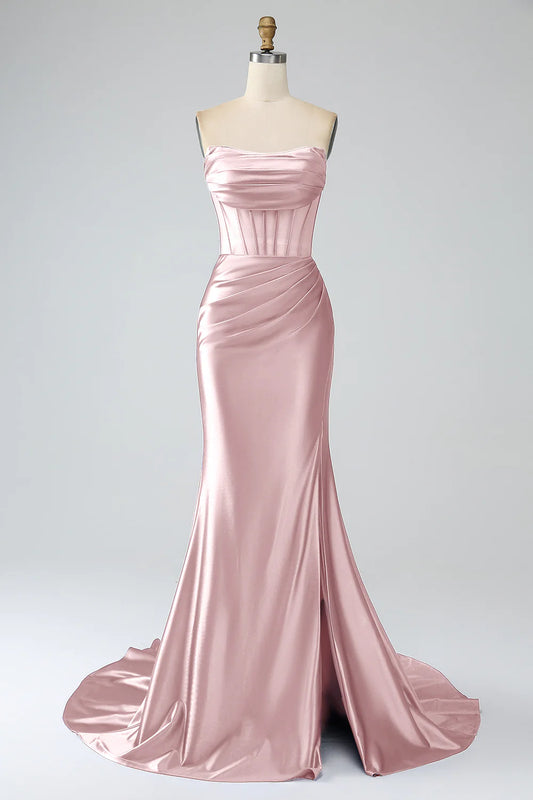 Powder blusher Pink Mermaid Sexy Strapless Pleated Corset Slim Long Prom Dress