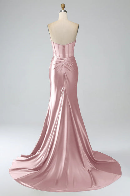 Powder blusher Pink Mermaid Sexy Strapless Pleated Corset Slim Long Prom Dress