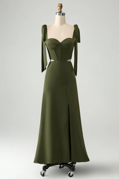A Line Spaghetti Straps Floor Length Dress with Slit
