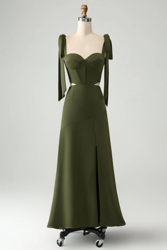 A Line Spaghetti Straps Floor Length Dress with Slit