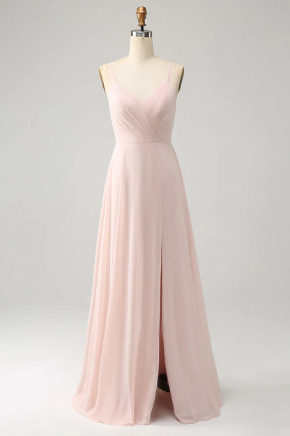 A Line Spaghetti Straps Chiffon Long Bridesmaid Dress with Slit