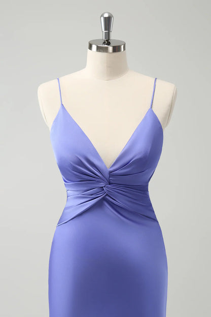 Purple Mermaid Front Criss Cross Pleated Long Bridesmaid Dress