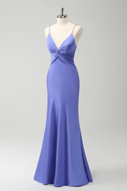 Purple Mermaid Front Criss Cross Pleated Long Bridesmaid Dress