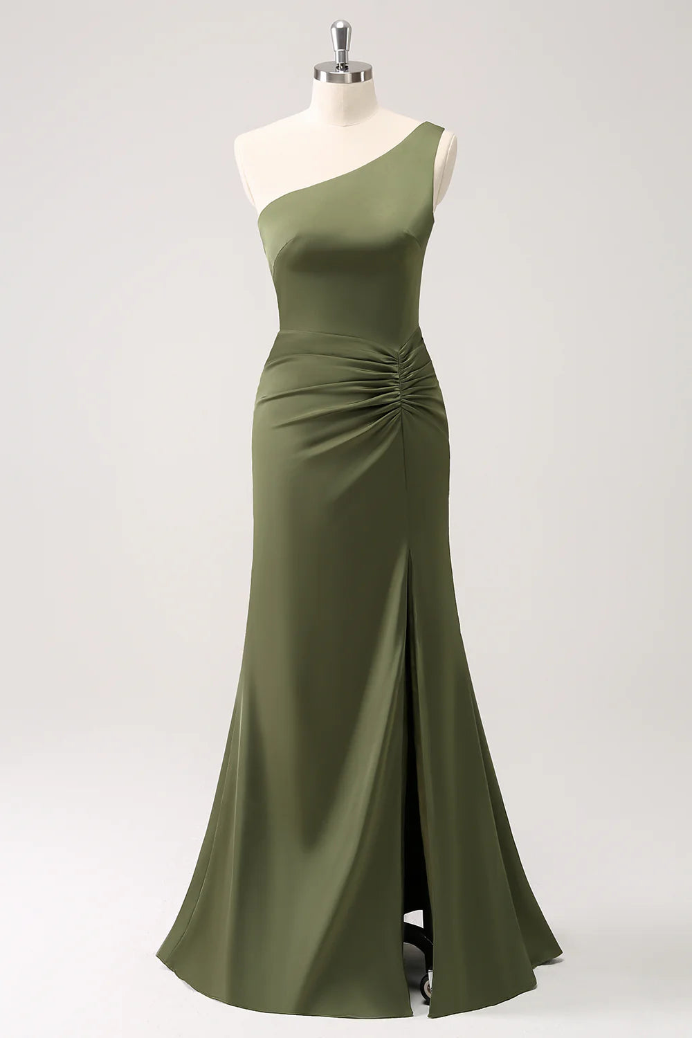 Olive Mermaid One Shoulder Pleated Backless Bridesmaid Dress with Slit