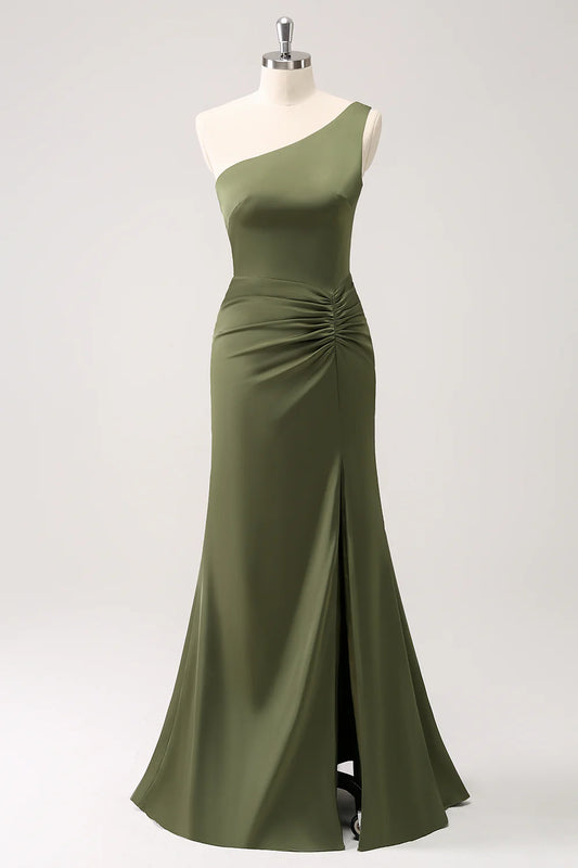 Olive Mermaid One Shoulder Pleated Backless Bridesmaid Dress with Slit