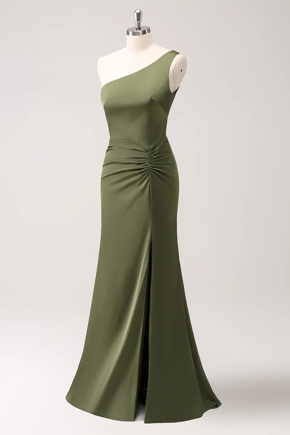 Olive Mermaid One Shoulder Pleated Backless Bridesmaid Dress with Slit