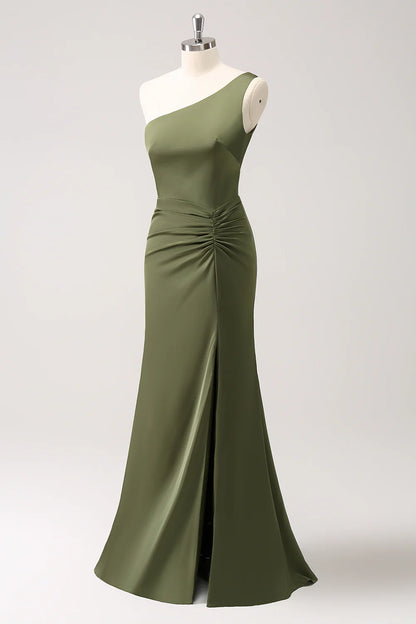 Olive Mermaid One Shoulder Pleated Backless Bridesmaid Dress with Slit