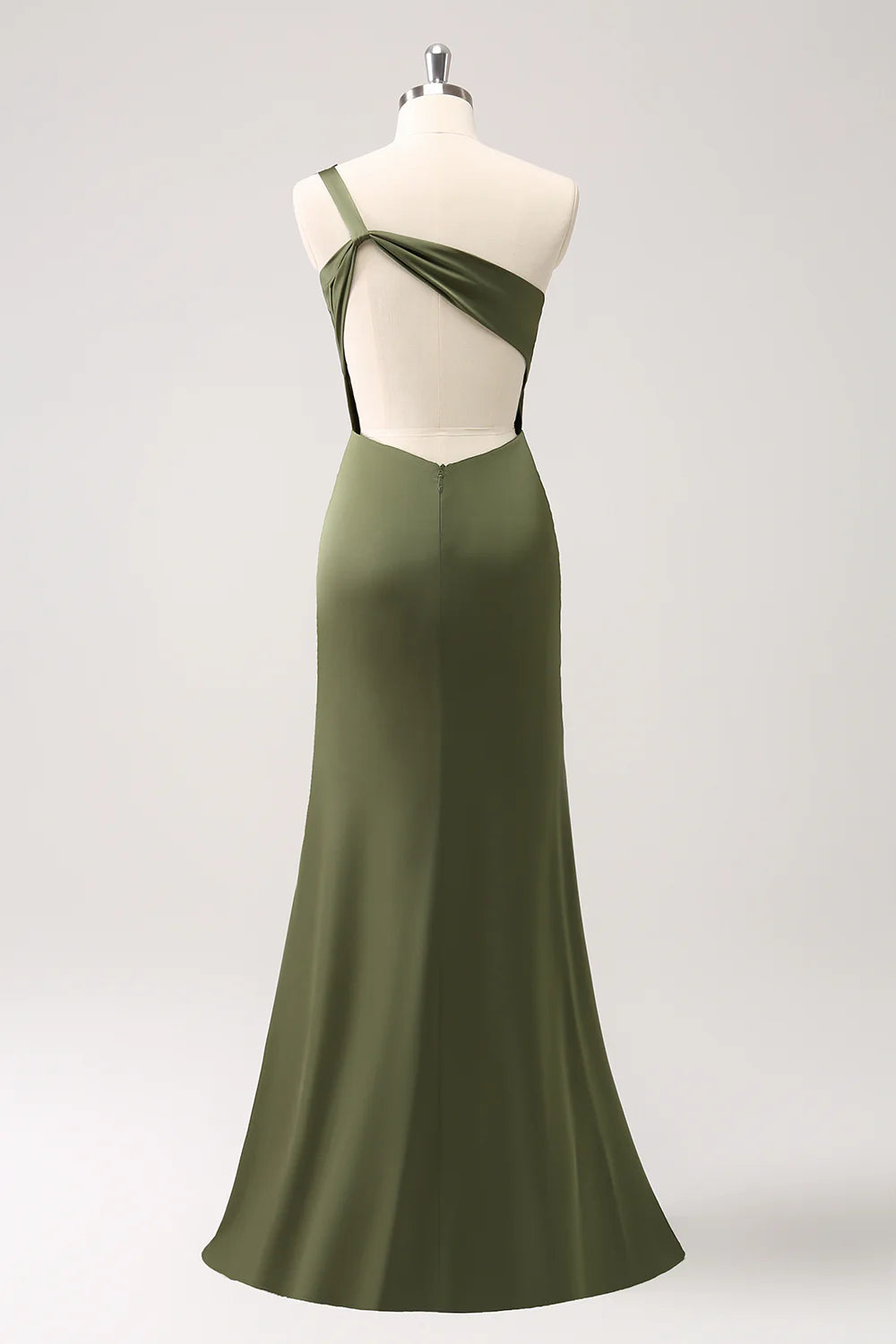 Olive Mermaid One Shoulder Pleated Backless Bridesmaid Dress with Slit