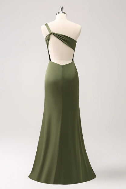 Olive Mermaid One Shoulder Pleated Backless Bridesmaid Dress with Slit