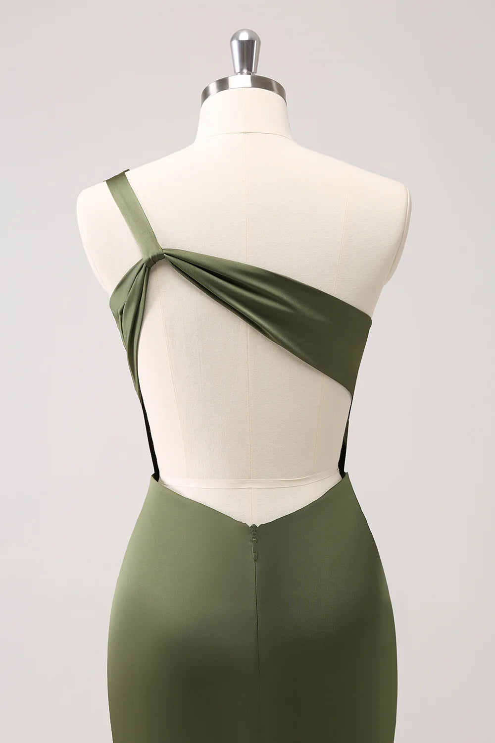 Olive Mermaid One Shoulder Pleated Backless Bridesmaid Dress with Slit
