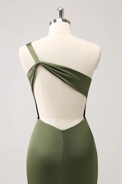 Olive Mermaid One Shoulder Pleated Backless Bridesmaid Dress with Slit