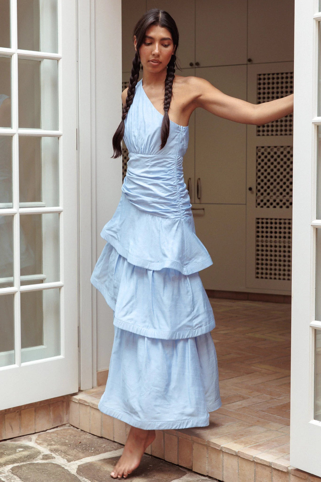 Baby Blue One-Shoulder Ruched Tiered Maxi Evening Dress