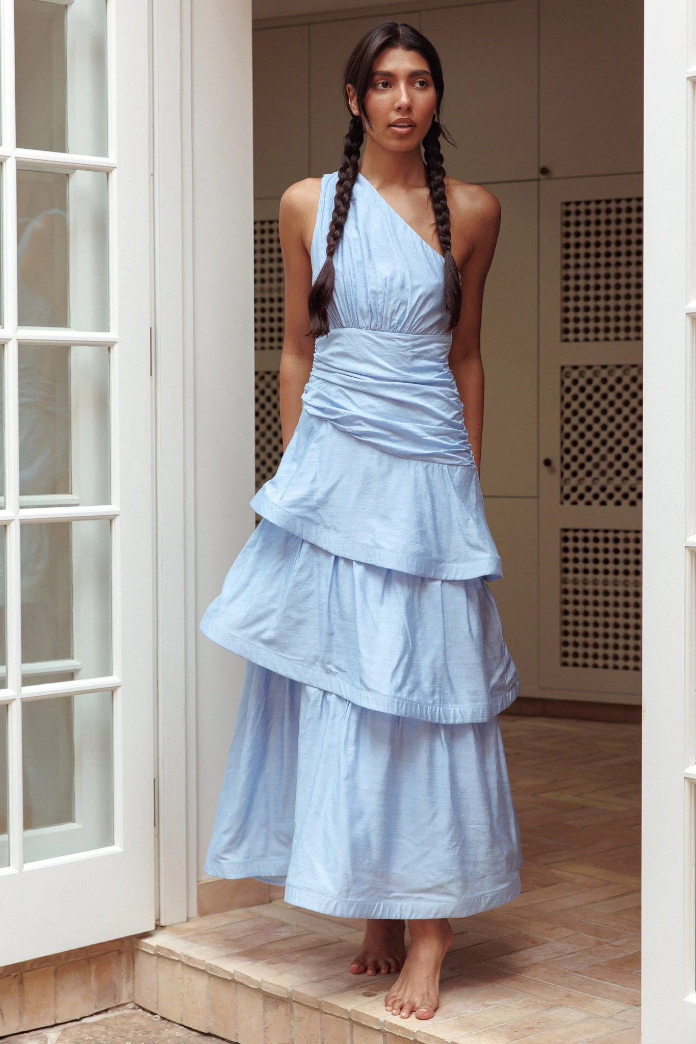 Baby Blue One-Shoulder Ruched Tiered Maxi Evening Dress